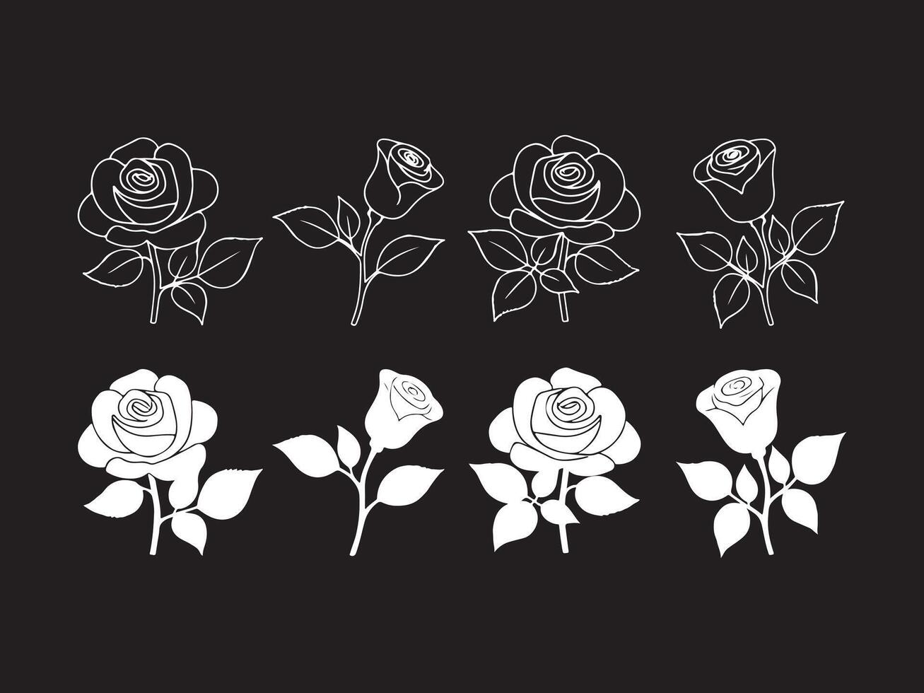 Collection of elegant white rose outlines on a black background for floral designs vector