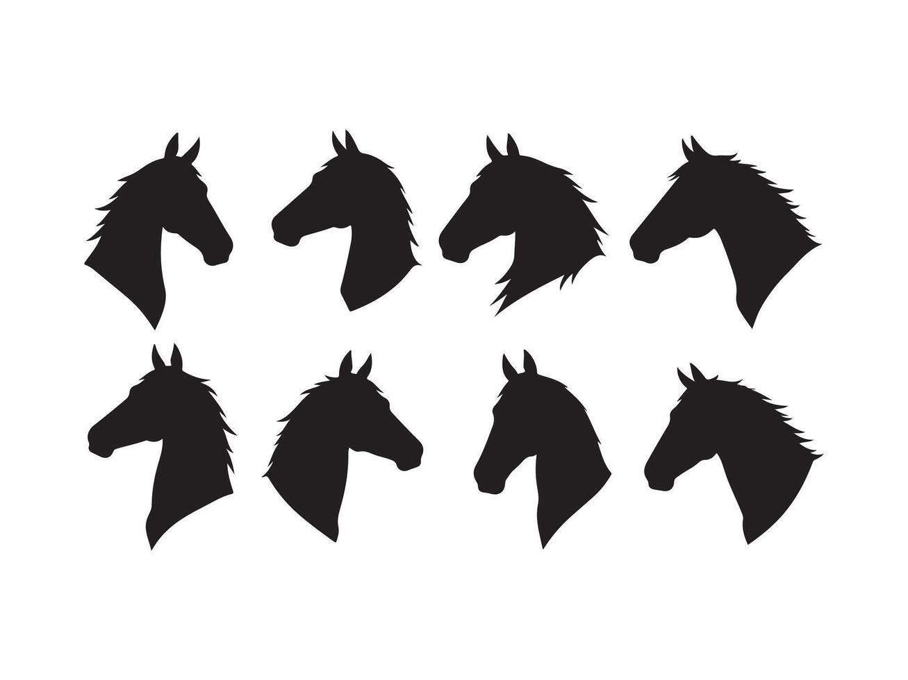 Black horse head silhouettes collection depicting various angles and artistic equestrian representations vector