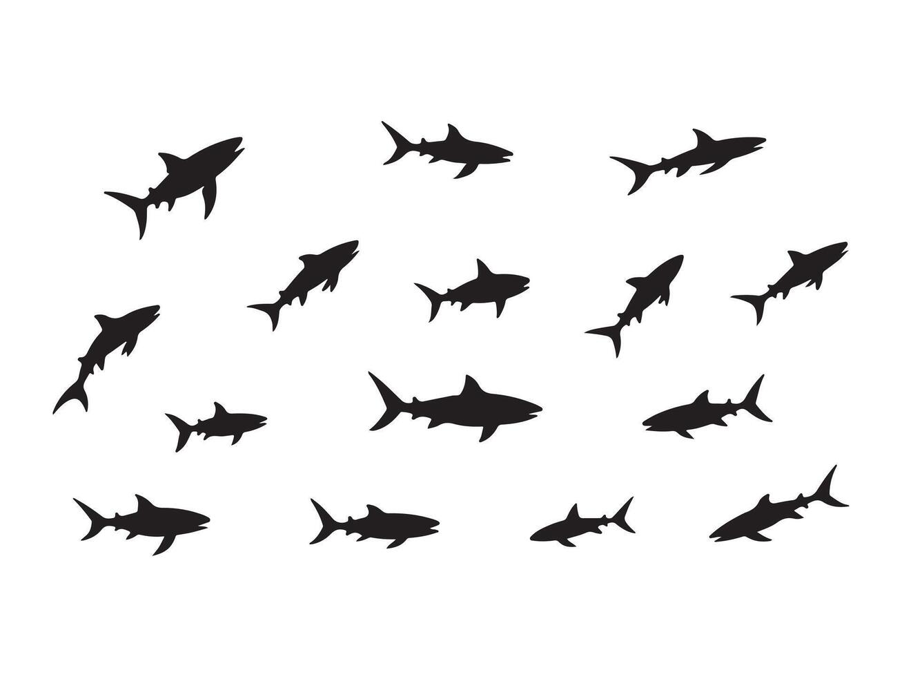 Silhouettes of sharks swimming in various directions on a plain white background vector