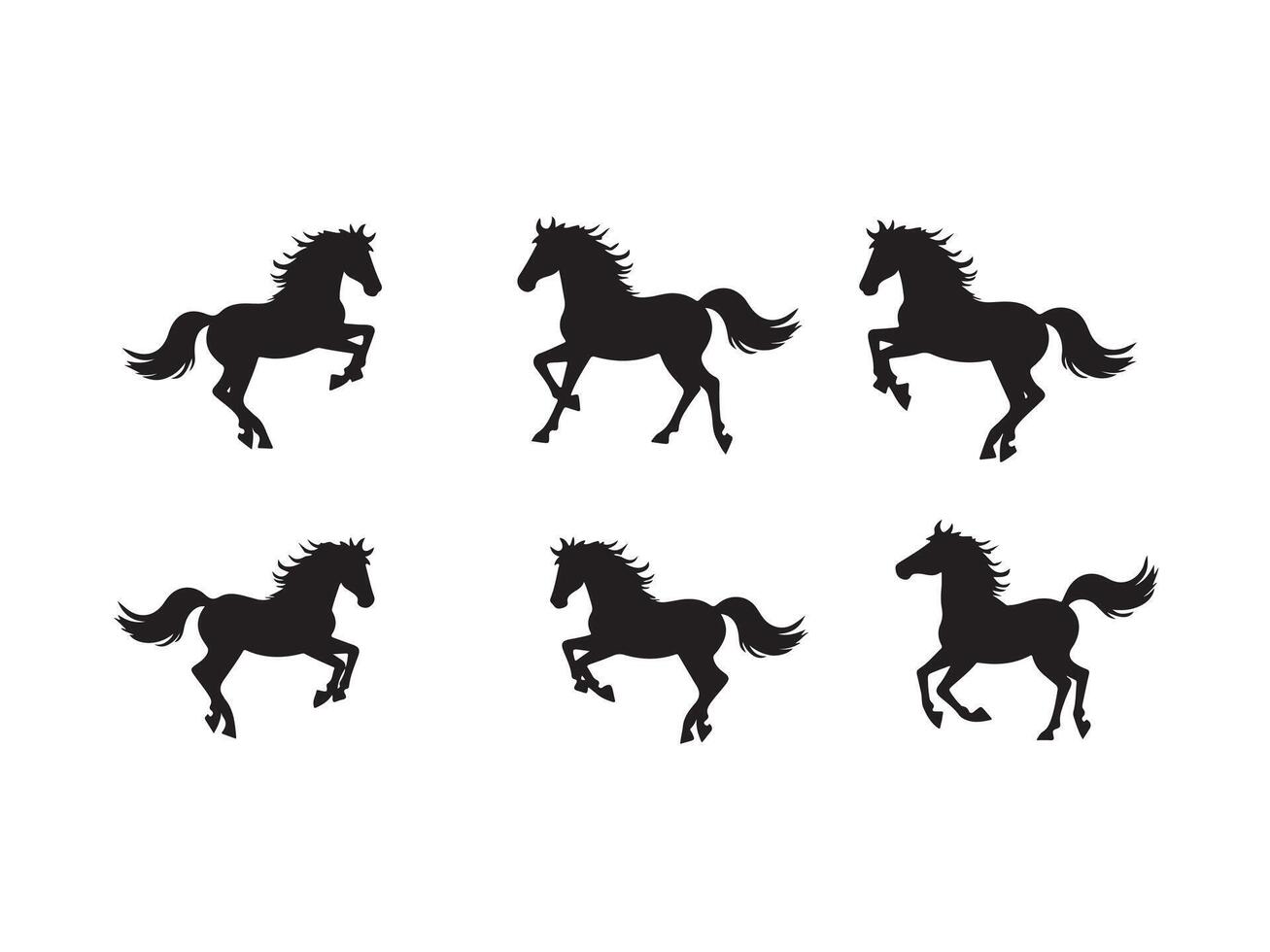 Black horse silhouettes in dynamic poses representing freedom and equestrian themes on white background vector