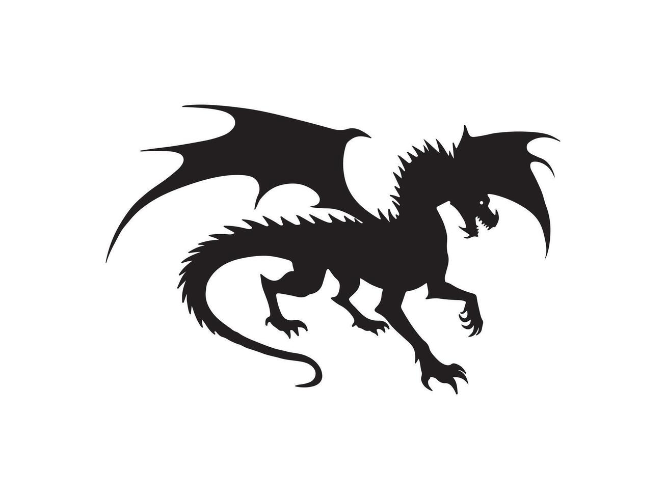 Black silhouette of a mythical dragon with wings and spiked tail ready to attack vector