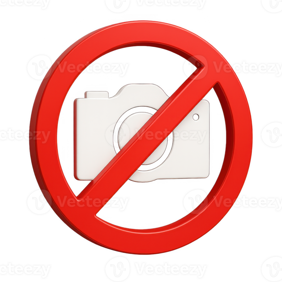 3D No Camera Icon, Prohibited Photography Symbol with Red Warning Circle for Privacy, Restricted Area, Security Zone, and Copyright-Free Media Use Notification Design png