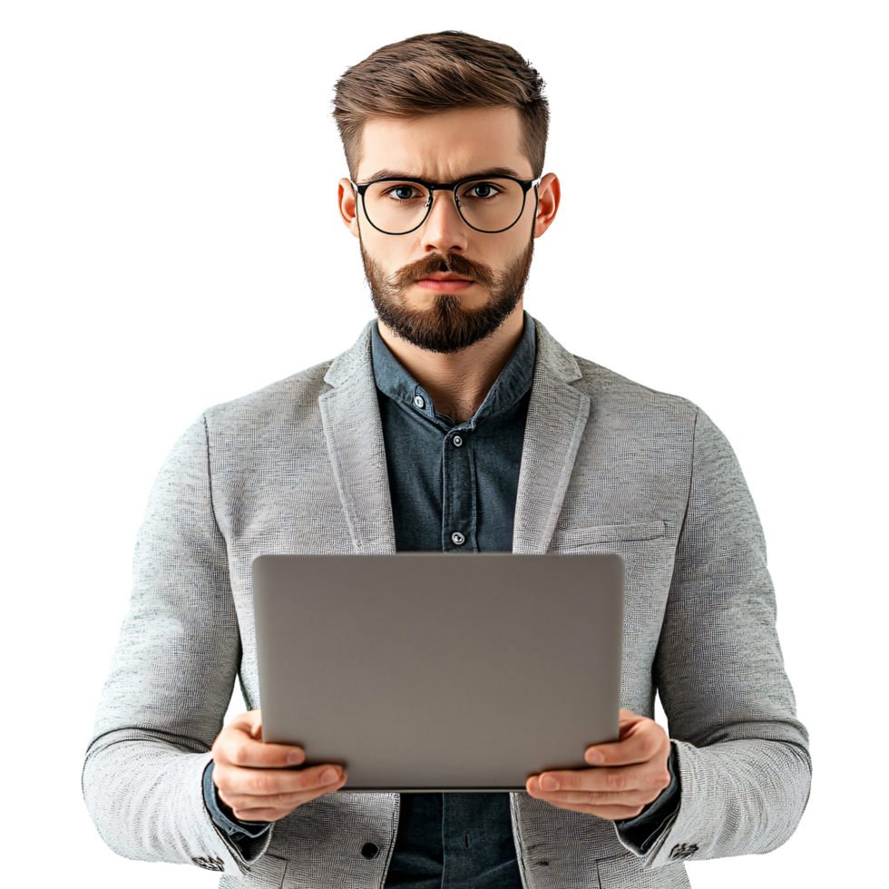 a man in glasses holding a laptop png