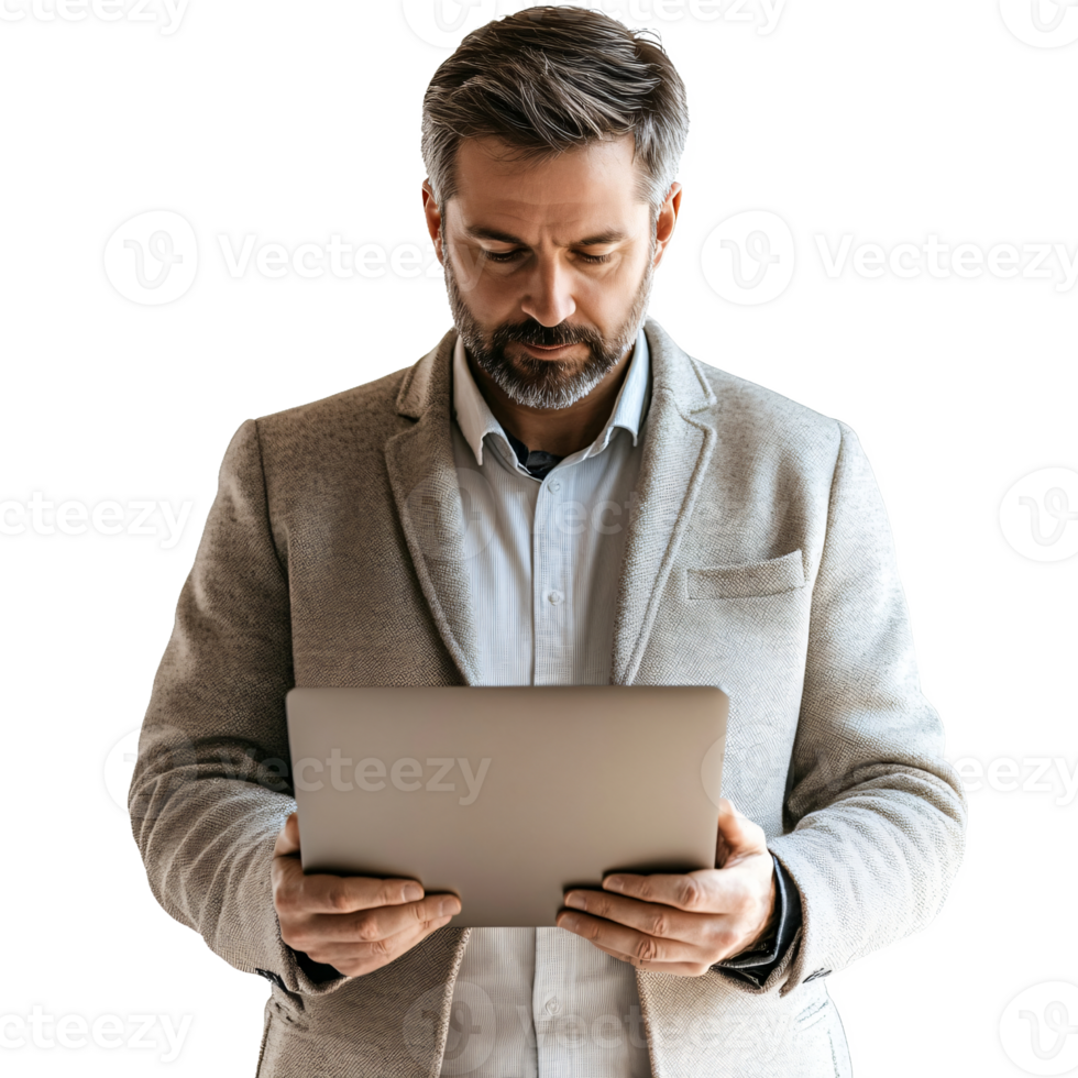 man in suit holding a tablet computer png