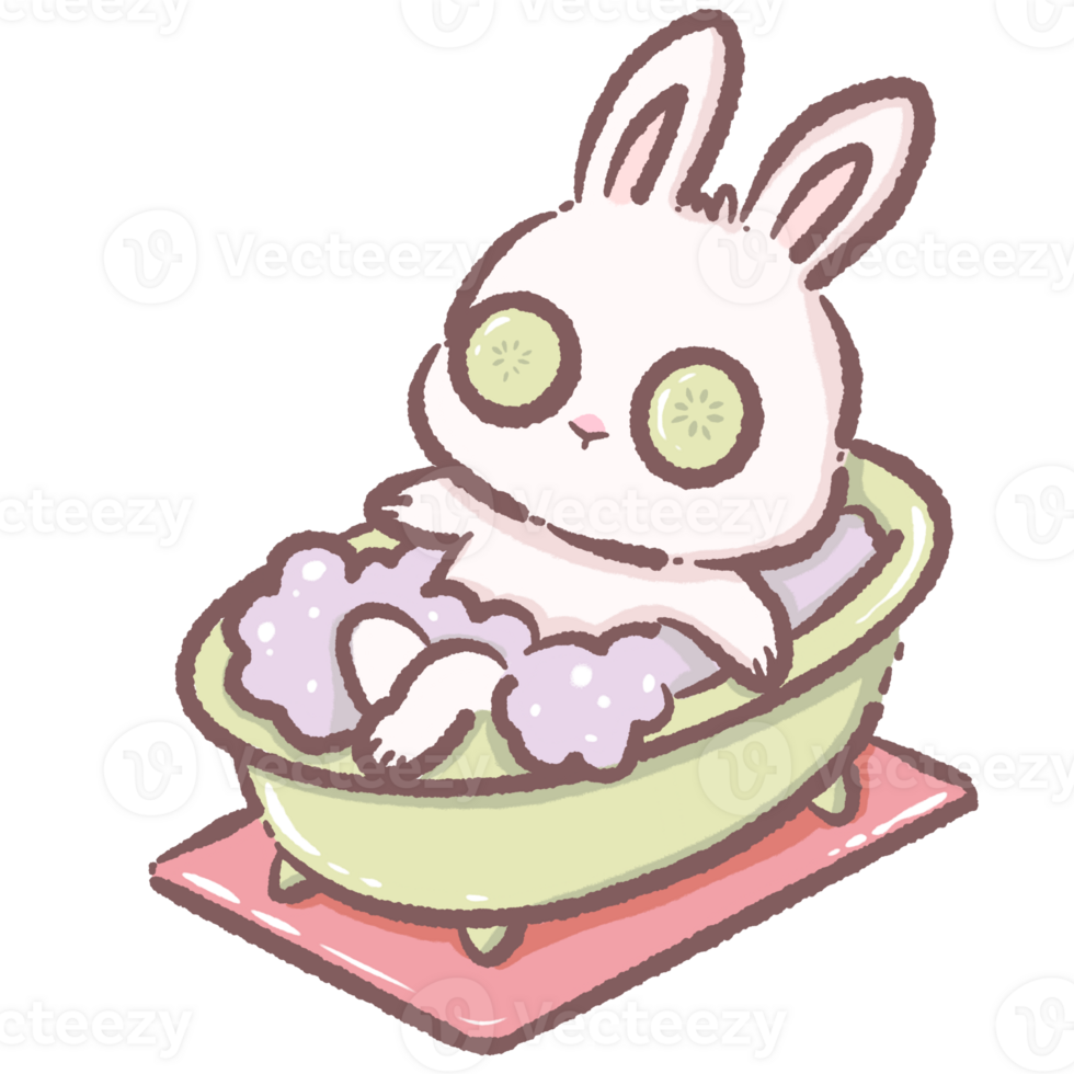 Cute Cartoon Bunny Relaxing in Bathtub with Bubbles and Cucumber Eyes Kawaii Rabbit Illustration Representing Spa Day Self Care Relaxation Wellness and Adorable Animal Character Design Concept png