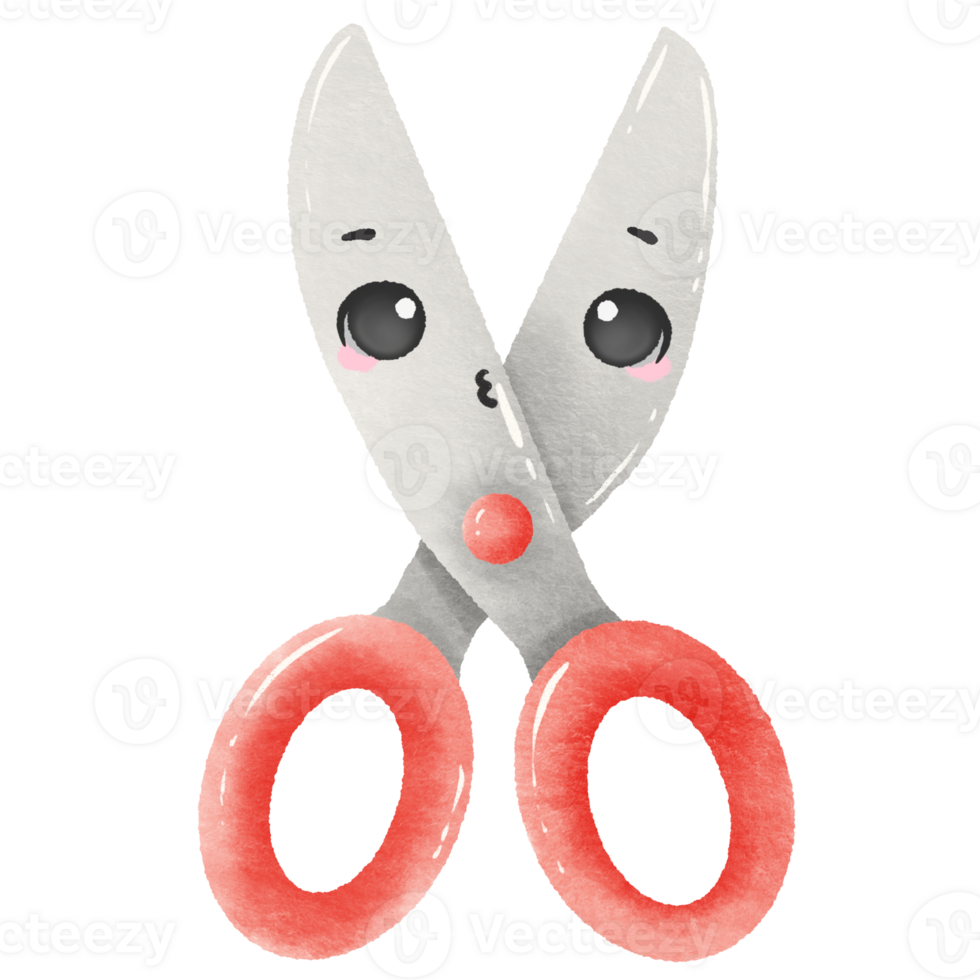 Kawaii Watercolor a scissors with face Back to School Art Supplies Illustration for Kids, Crafts, Classrooms, Planners, and Scrapbooking png