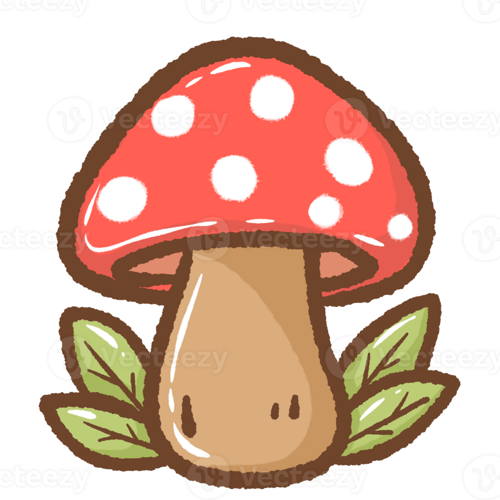 Cute hand drawn kawaii red mushroom with white spots charming forest illustration perfect for fairy tale themes magical nature designs autumn decor children books stickers stationery and crafts png