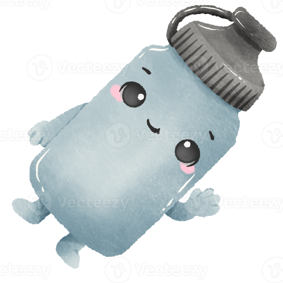 Cute Kawaii a water bottle with smiling face Watercolor back to School Art Supplies Illustration for Kids and Crafts png