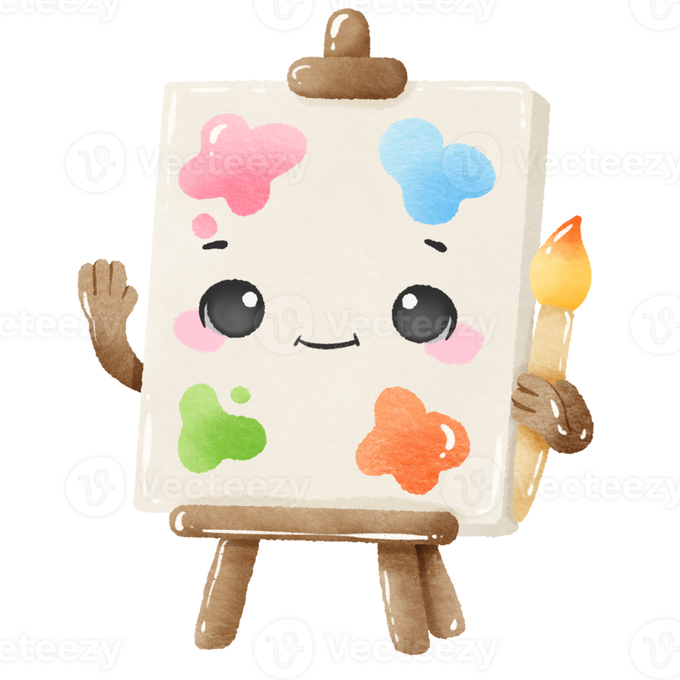 Cute Kawaii Art Palette Clipart with Paintbrush and Colorful Paint Splatters Watercolor back to School Art Supplies Illustration for Kids and Crafts png