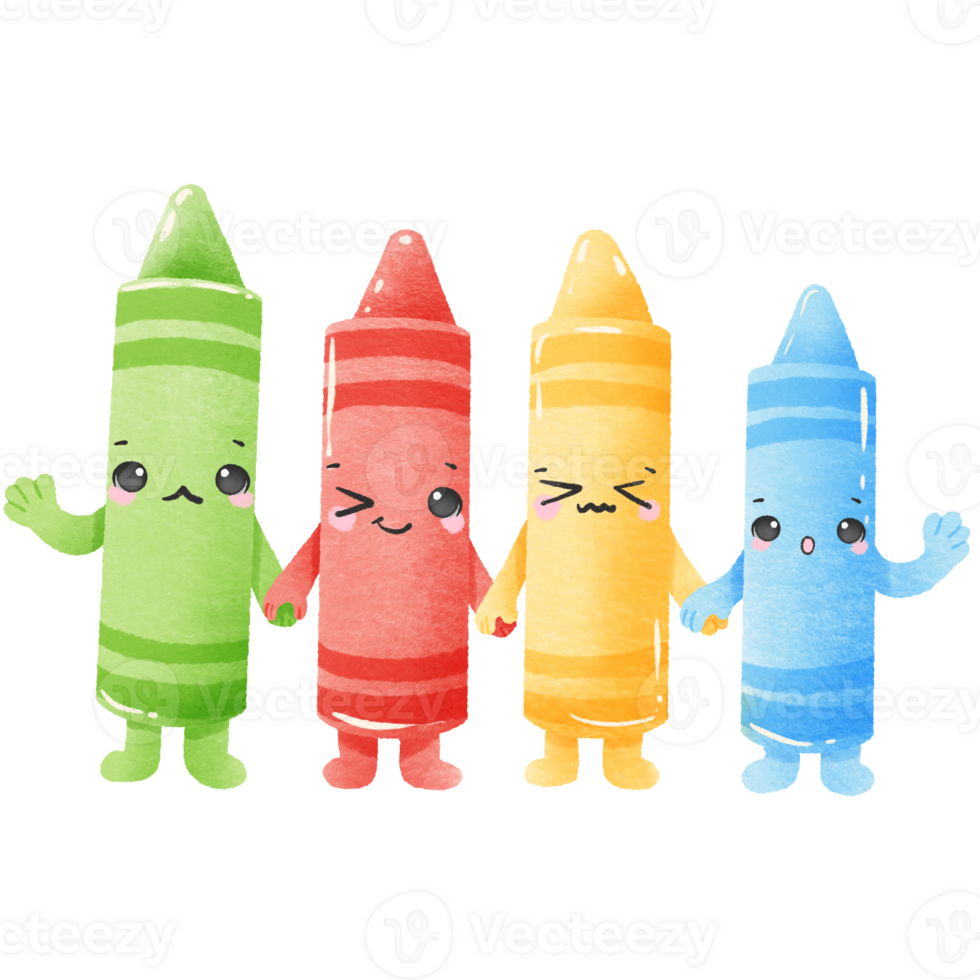 Cute Kawaii four crayon holding hands smiling Watercolor back to School Art Supplies Illustration for Kids and Crafts png