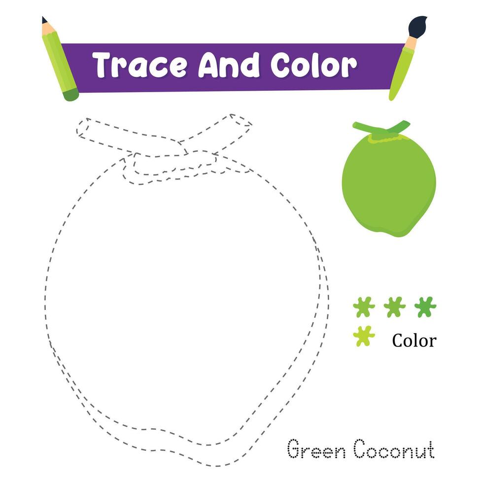 Handwriting Practice. Trace And Color The Green Coconut Food Which Is Perfect. Illustration vector