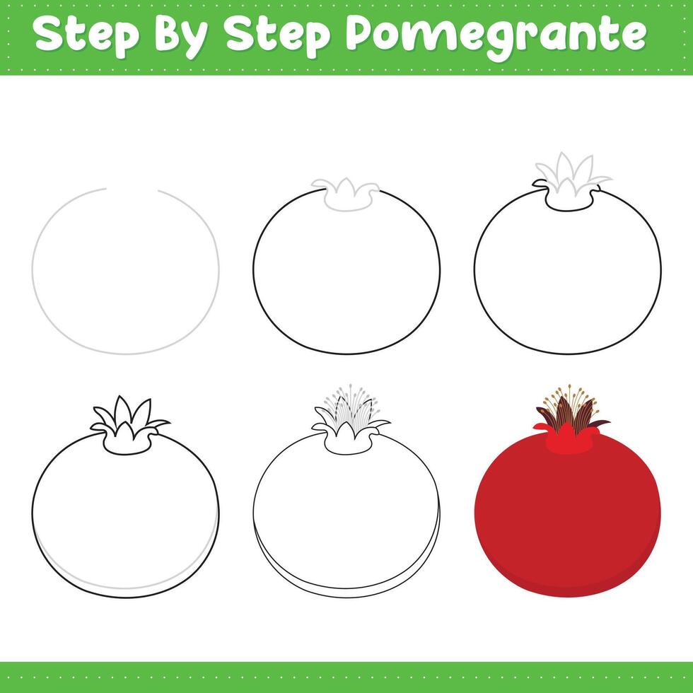 Step By Step Drawing Lime For Kids. Pomegranate Food Drawing Tutorial On How To Draw. illustration vector