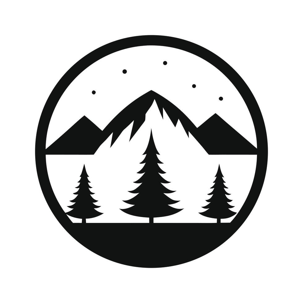 Mountain peaks and pine trees under starry sky emblem forest nature vector