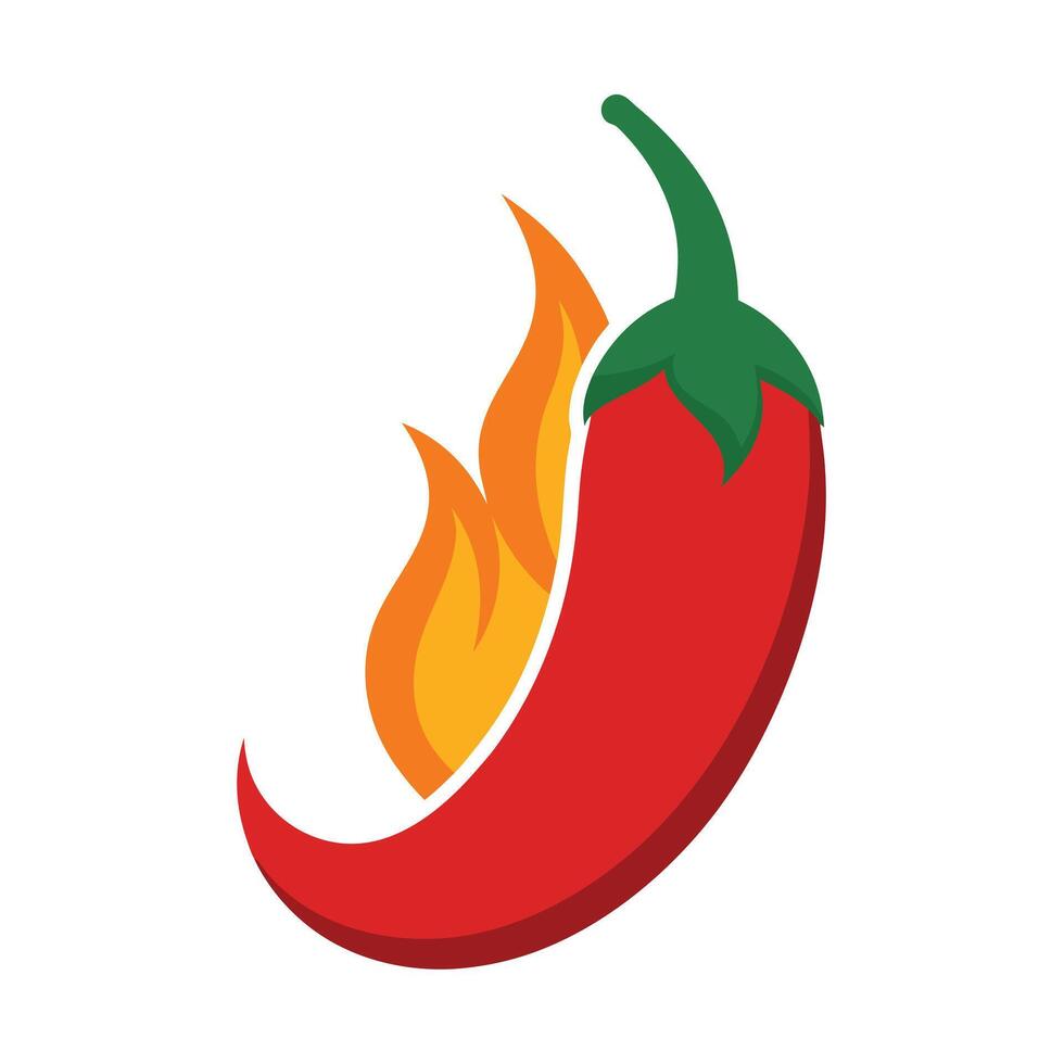 Red chili pepper with green stem and orange flames graphic on white background spicy vector