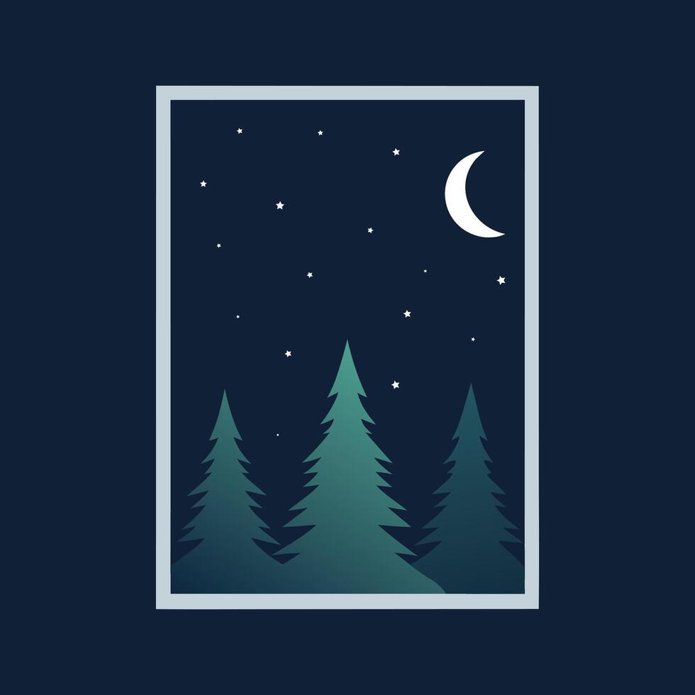 Night scene illustration with moon stars and stylized evergreen trees in a rectangular frame vector