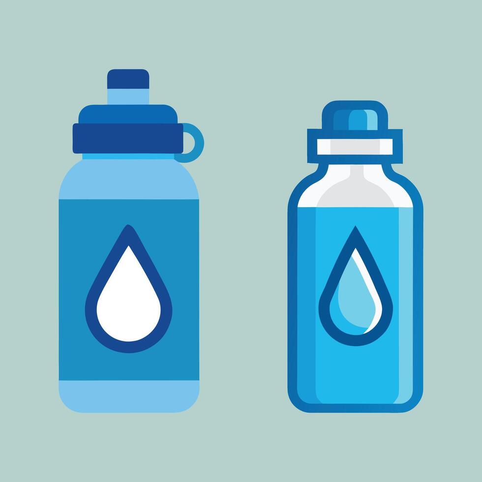 Two Blue Water Bottles with Water Drop Icons on a Light Green Background hydration vector