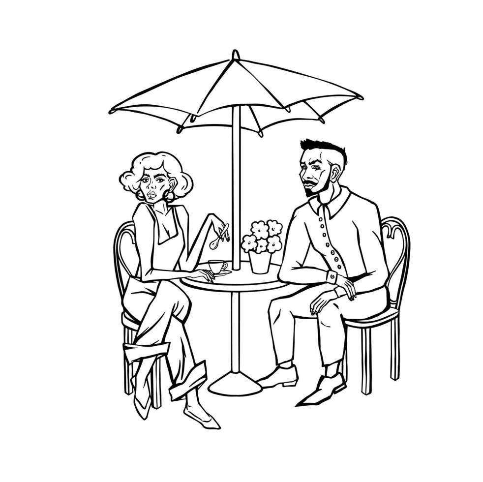 Couple in cafe sitting line illustration vector