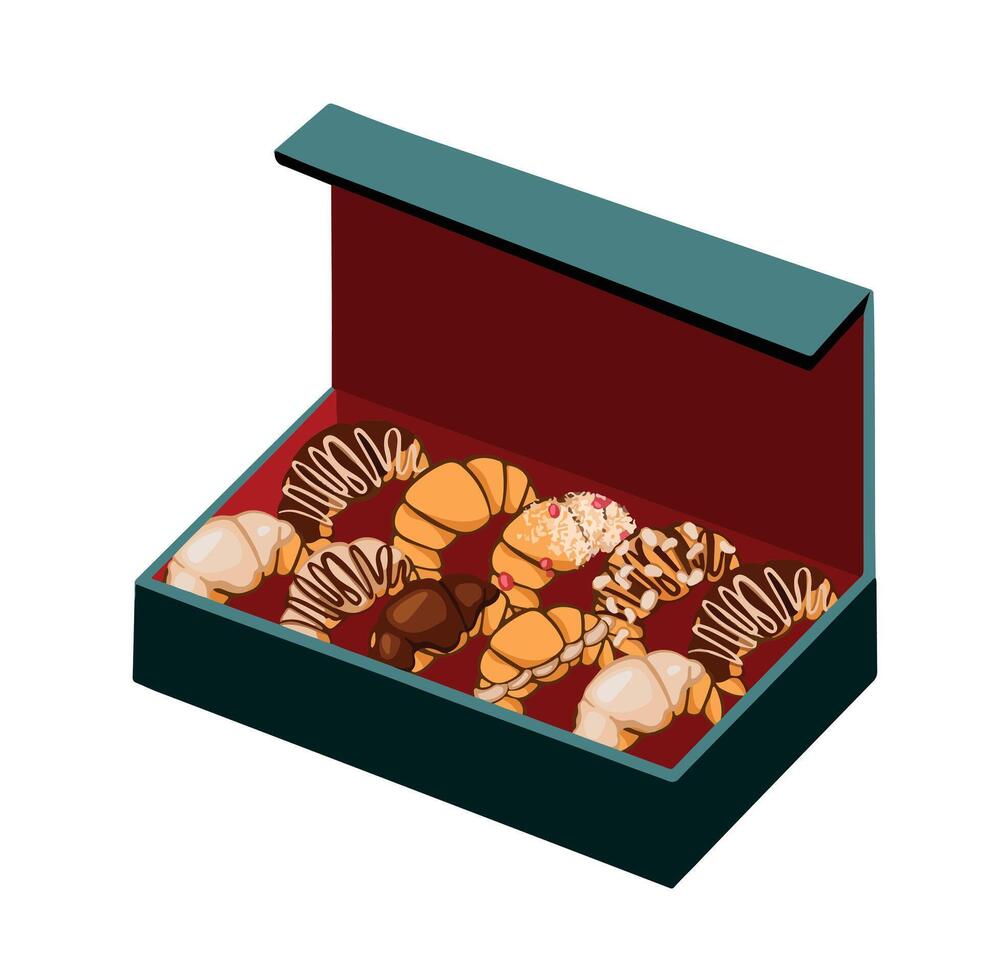 box with set of french croissants, pastry hand drawn illustration vector