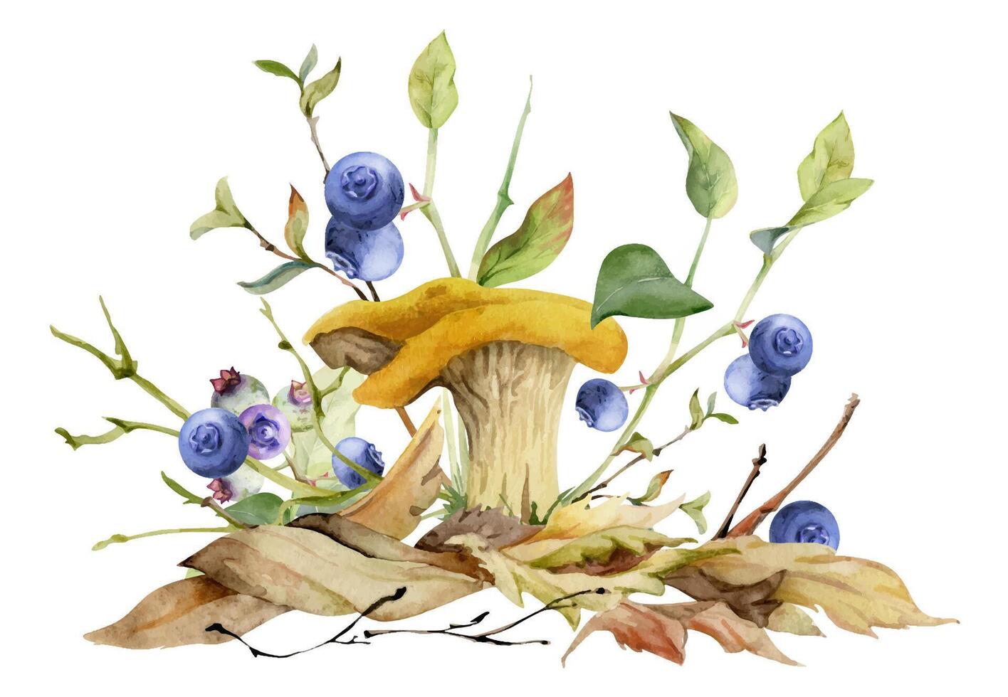 Mushroom and blueberries artwork vector