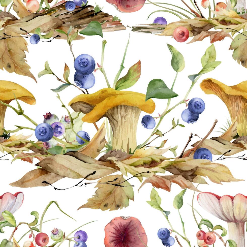 Watercolor mushrooms and berries pattern vector