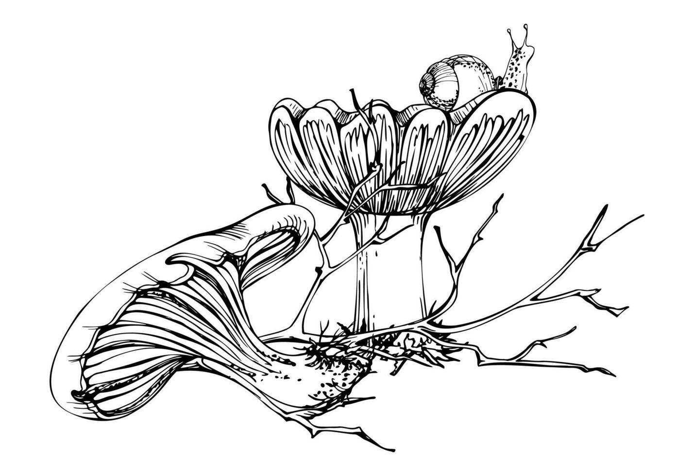 Russula webcap mushroom, snail on top, naked twisting twigs branches. Forest woodland floor habitat scene. Illustration hand drawn in ink. Foraging logbooks, gardening notebooks, nature posters vector