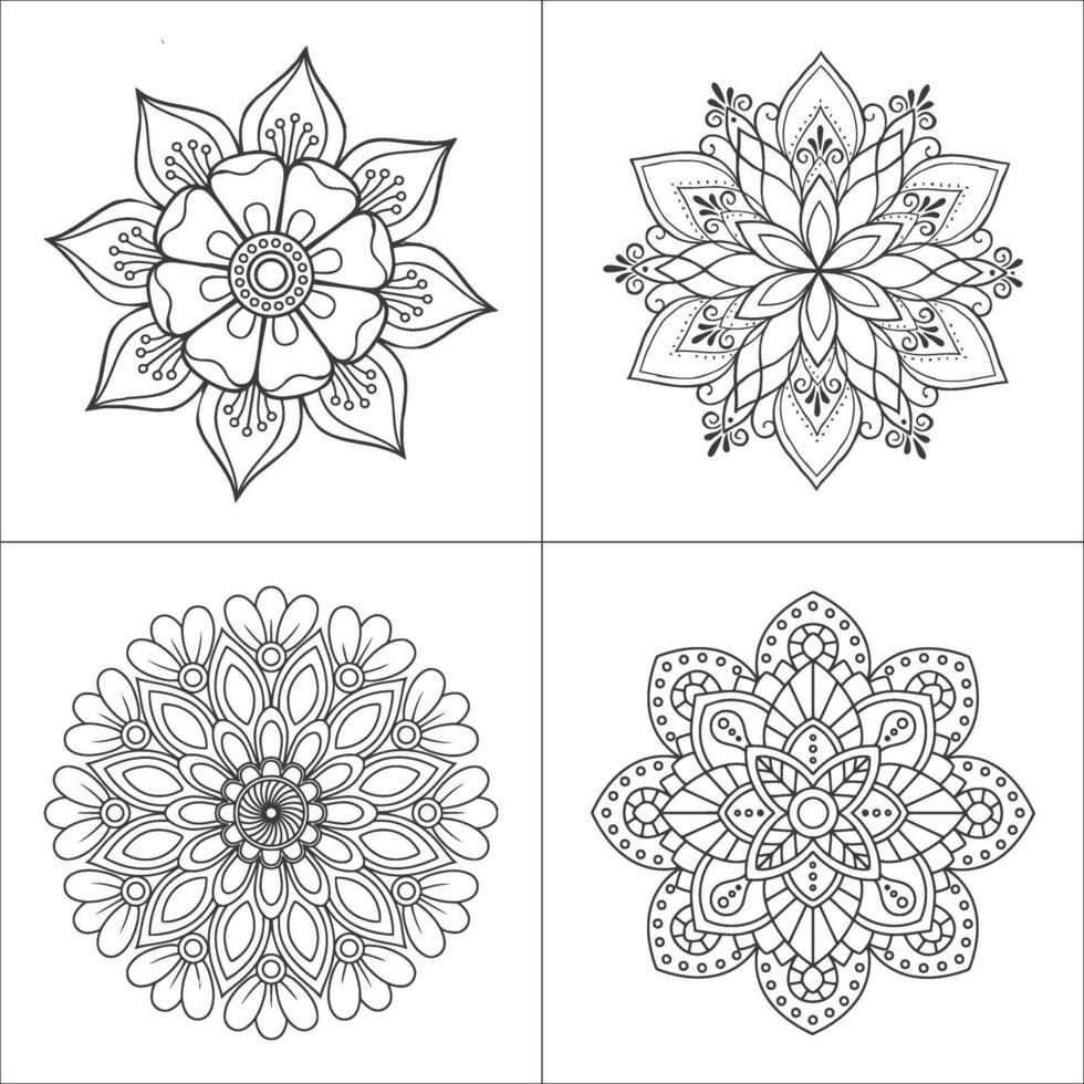 Four unique floral mandalas inviting mindful coloring and creative expression in detailed line art vector