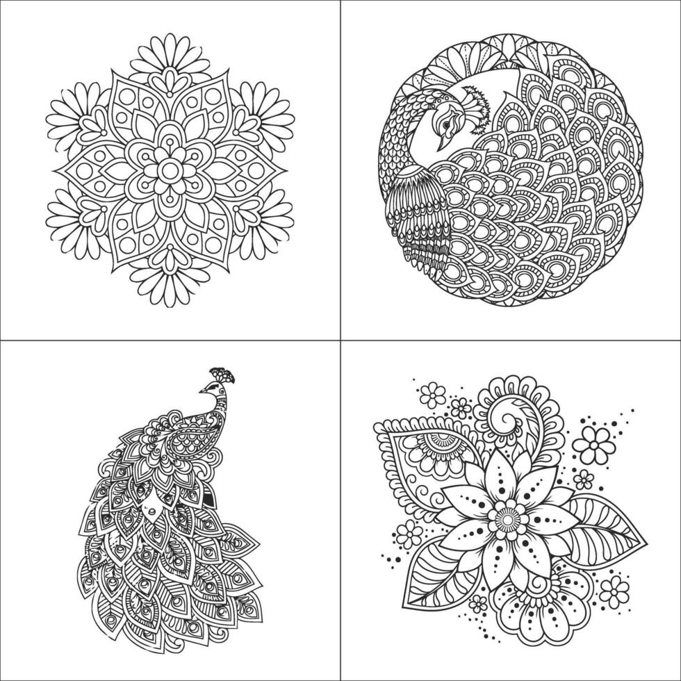 A set of intricate line art for adult coloring pages featuring peacocks and floral mandalas graphic vector