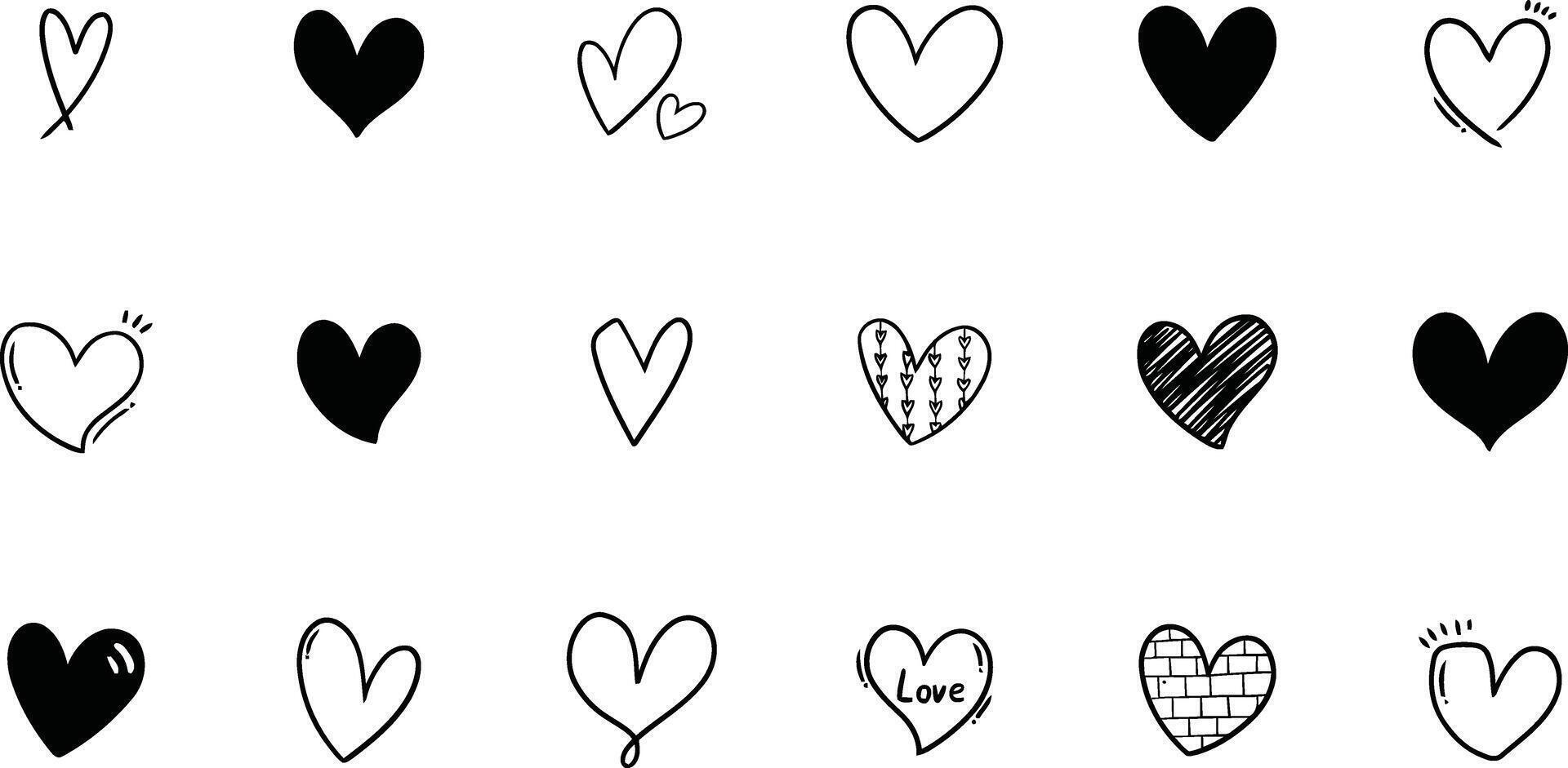 Assorted doodle hearts convey love affection and handmade craft charm in simple black and white vector
