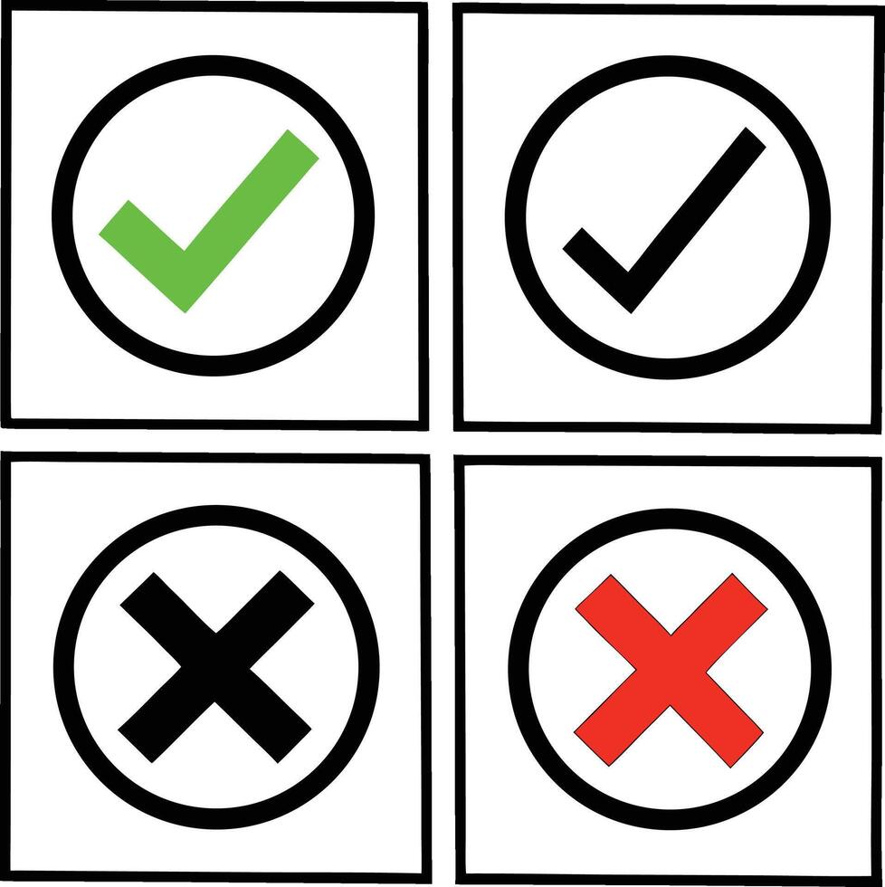 Four checkmark and cross symbols in circles and squares for voting. vector