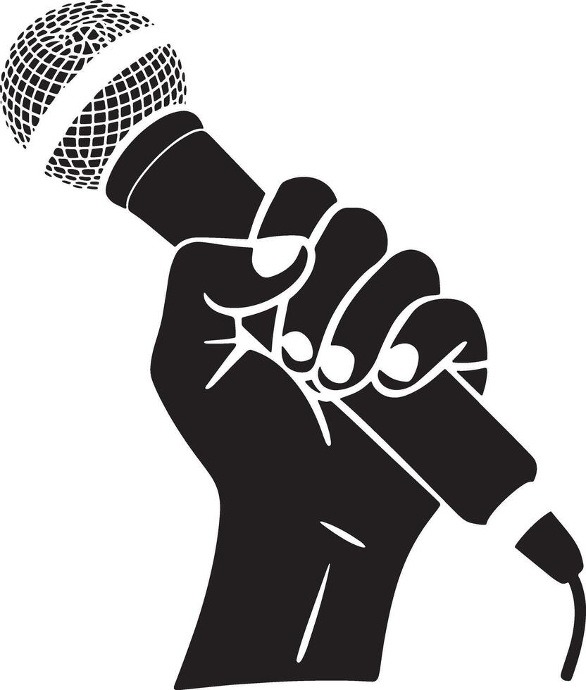 Hand holding microphone silhouette vector