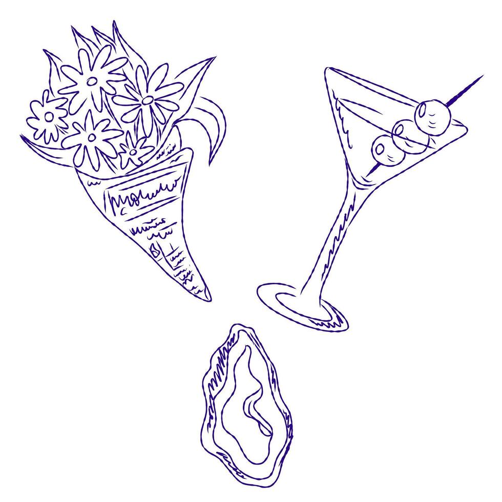 a drawing of a martini glass and a bouquet of flowers vector