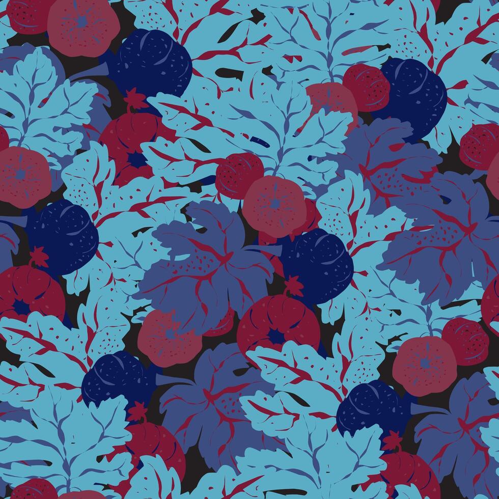 Tropical pattern with blue leaves and fruits vector