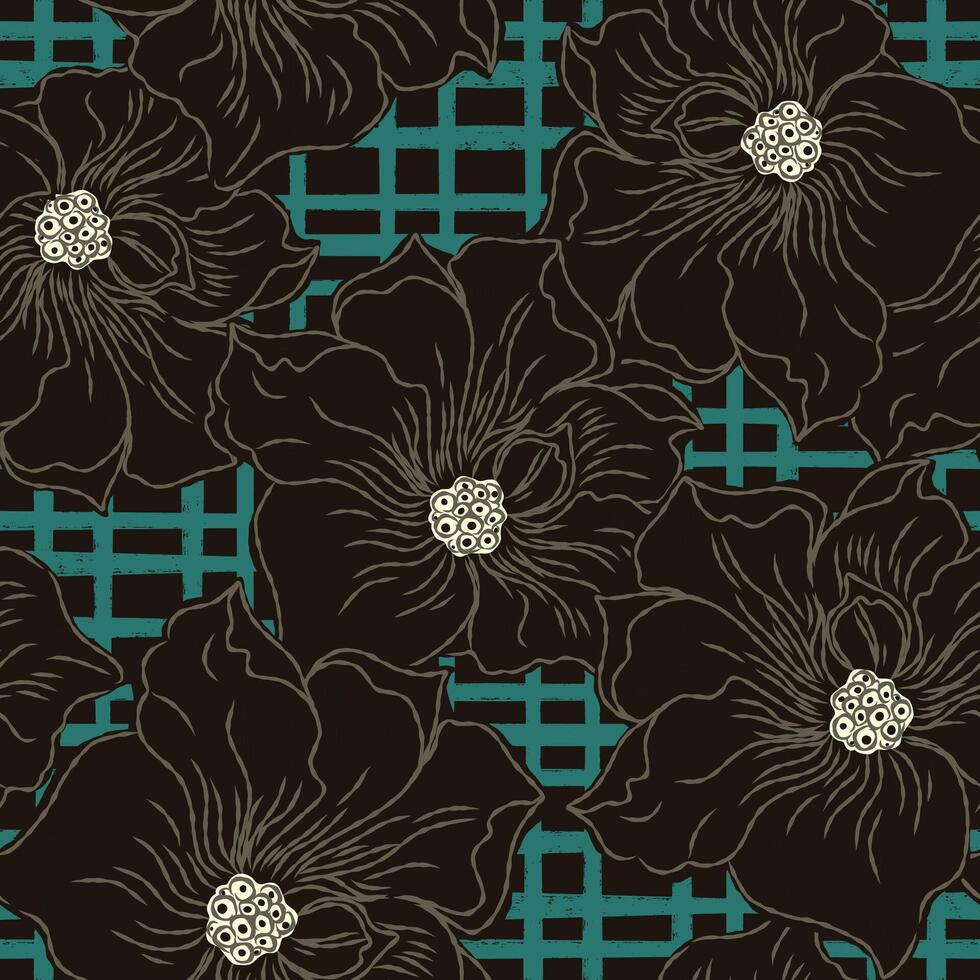 a black and green floral pattern with checkered background vector
