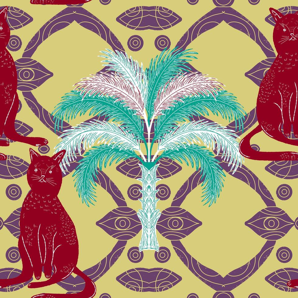 a pattern. with two cats and palm tree vector