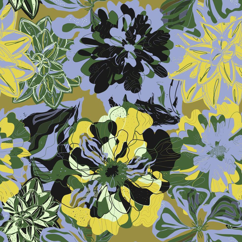 a floral pattern with yellow, green and black flowers vector
