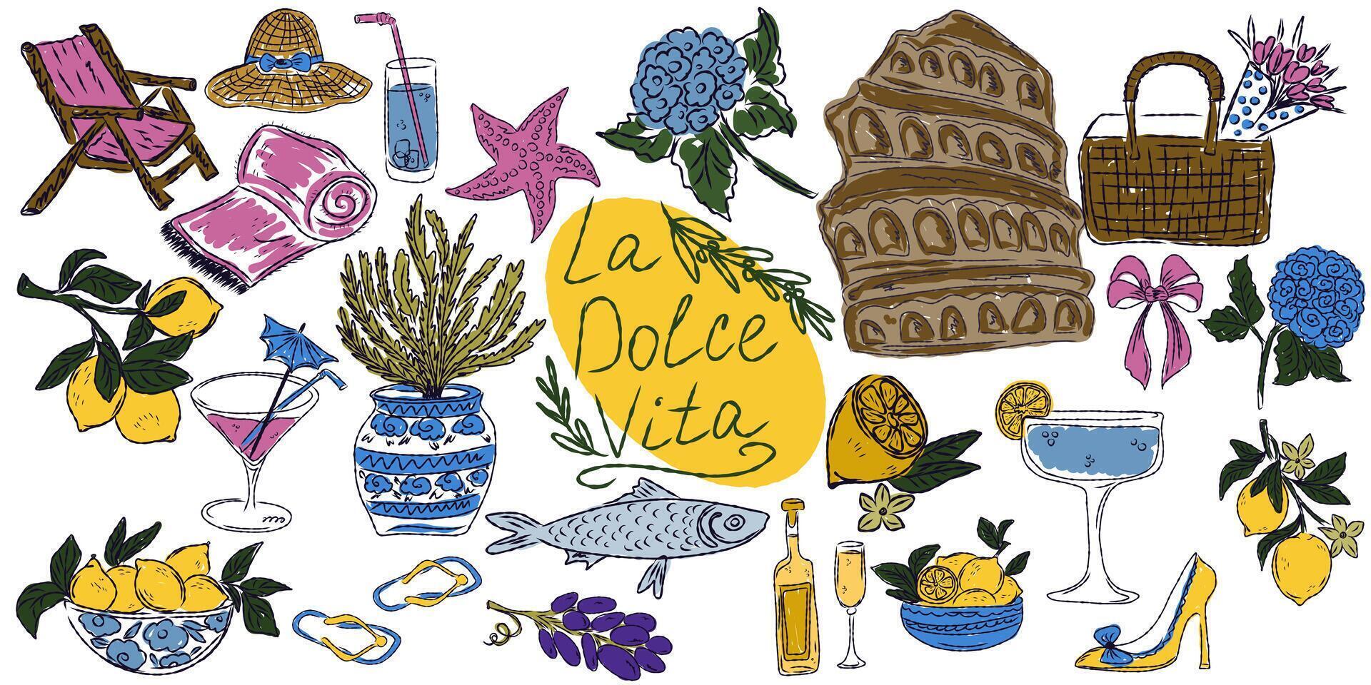 a drawing of various items including a bottle of wine, a basket of lemons, a basket vector