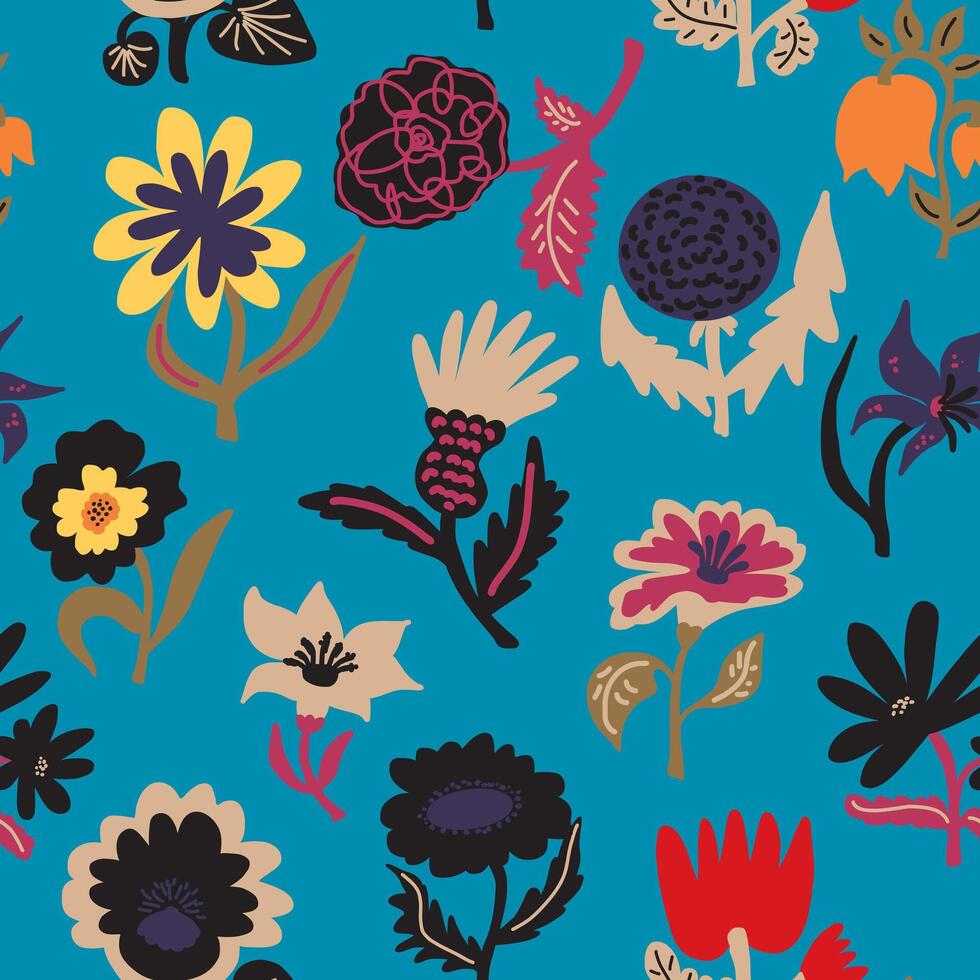 a pattern with flowers, and leaves on a blue background vector