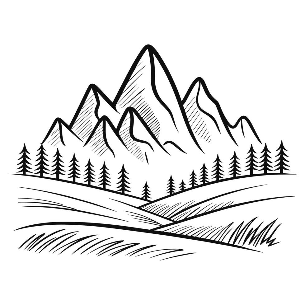 Sketchy mountain range with pine trees and rolling hills landscape vector