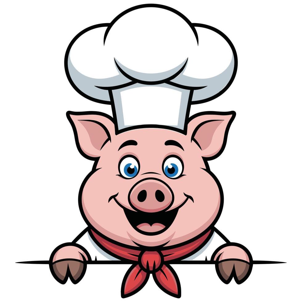 Happy cartoon pig chef wearing a chef hat and red bandana vector