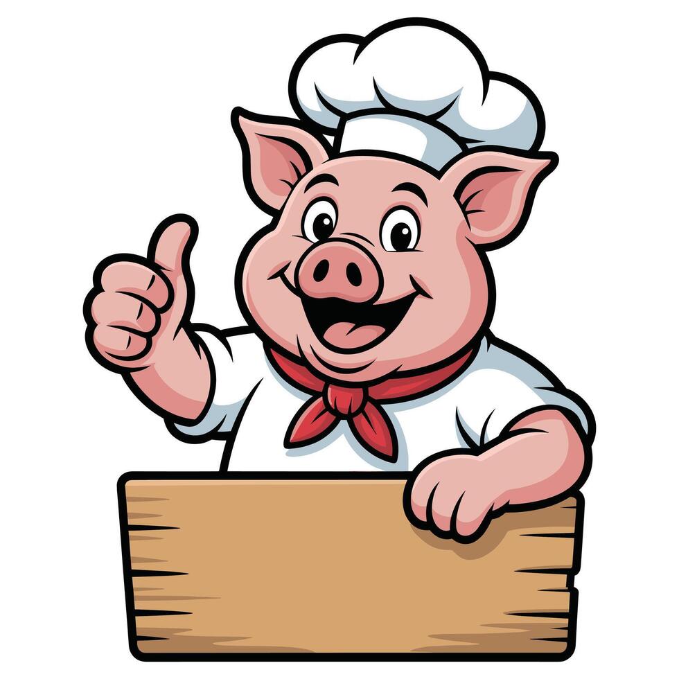 Happy cartoon pig chef giving a thumbs up holding a wooden sign vector