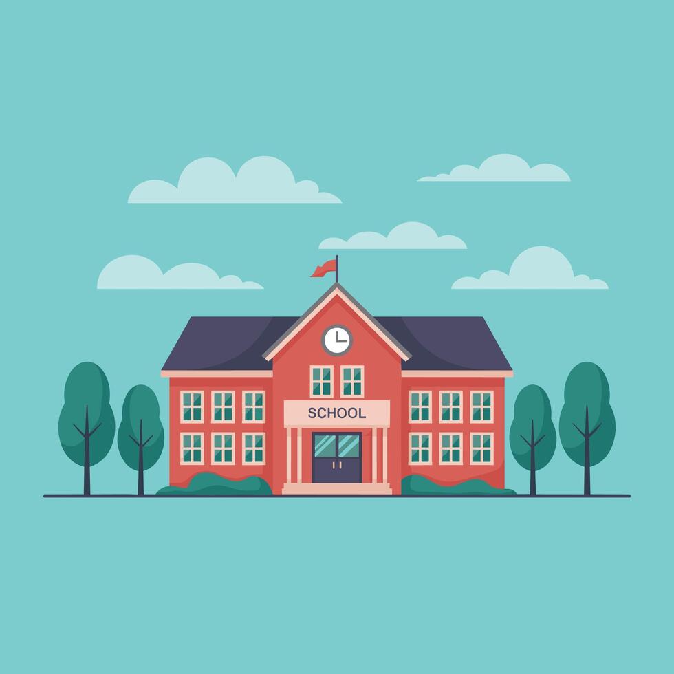 Classic red school building with trees and clouds under a teal sky vector