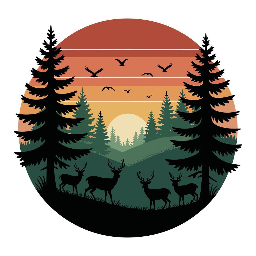 Deer herd in a forest landscape at sunset with birds flying vector