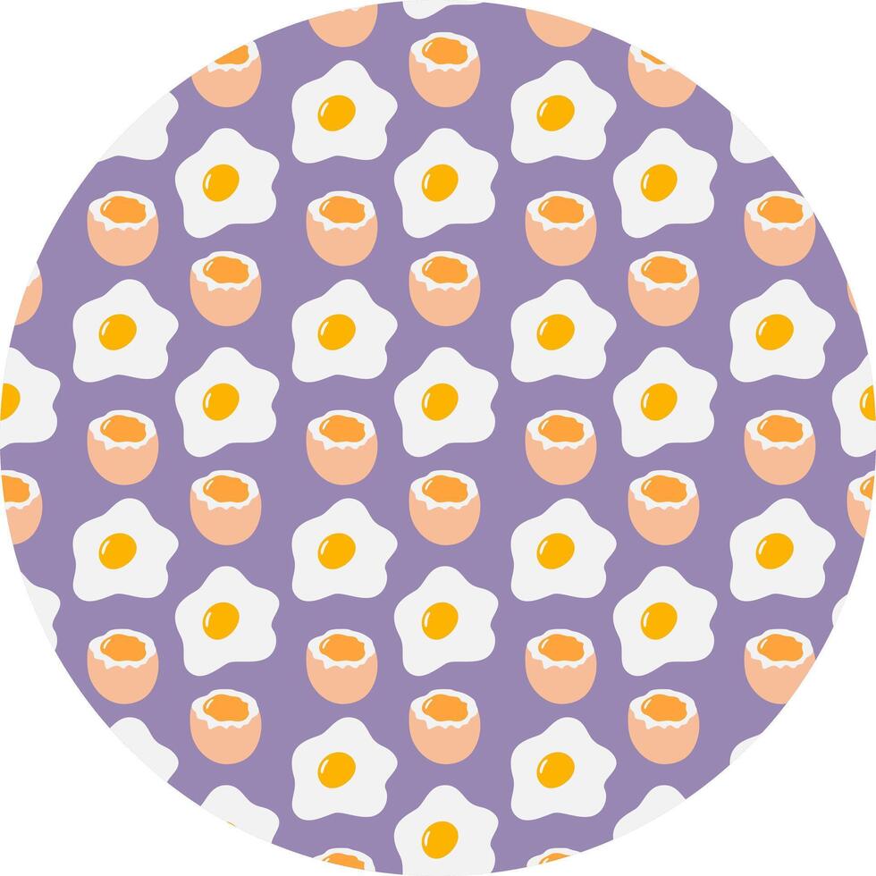 Fried and light boiled Eggs Seamless Pattern on Circle Background Egg Day Greeting Food Cards Fond. Isolated illustration Thematic Recipe or Menu Cards Background Banner, leaflets, label, price vector