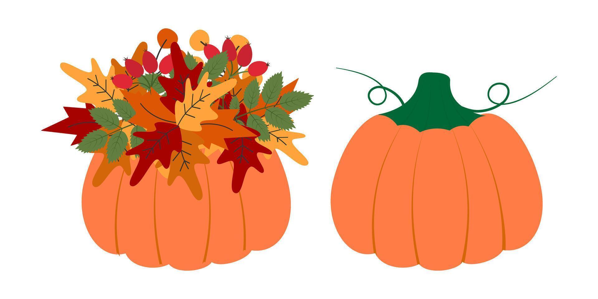 Orange Pumpkin Autumn leaves and rose hip twigs Bouquet and Crop Pumpkin with Stem Thanksgiving Set. Isolated illustration Autumn Holiday Thematic Greeting Cards Party Invite or banner, leaflet vector