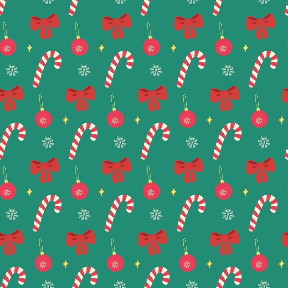 Christmas Festive Decorations Candy Cane Ribbon bow Ball and Snowflake Seamless Pattern Holiday Fond. Isolated illustration Christmas Greeting Thematic Card Party invite or banner, leaflet, tag vector
