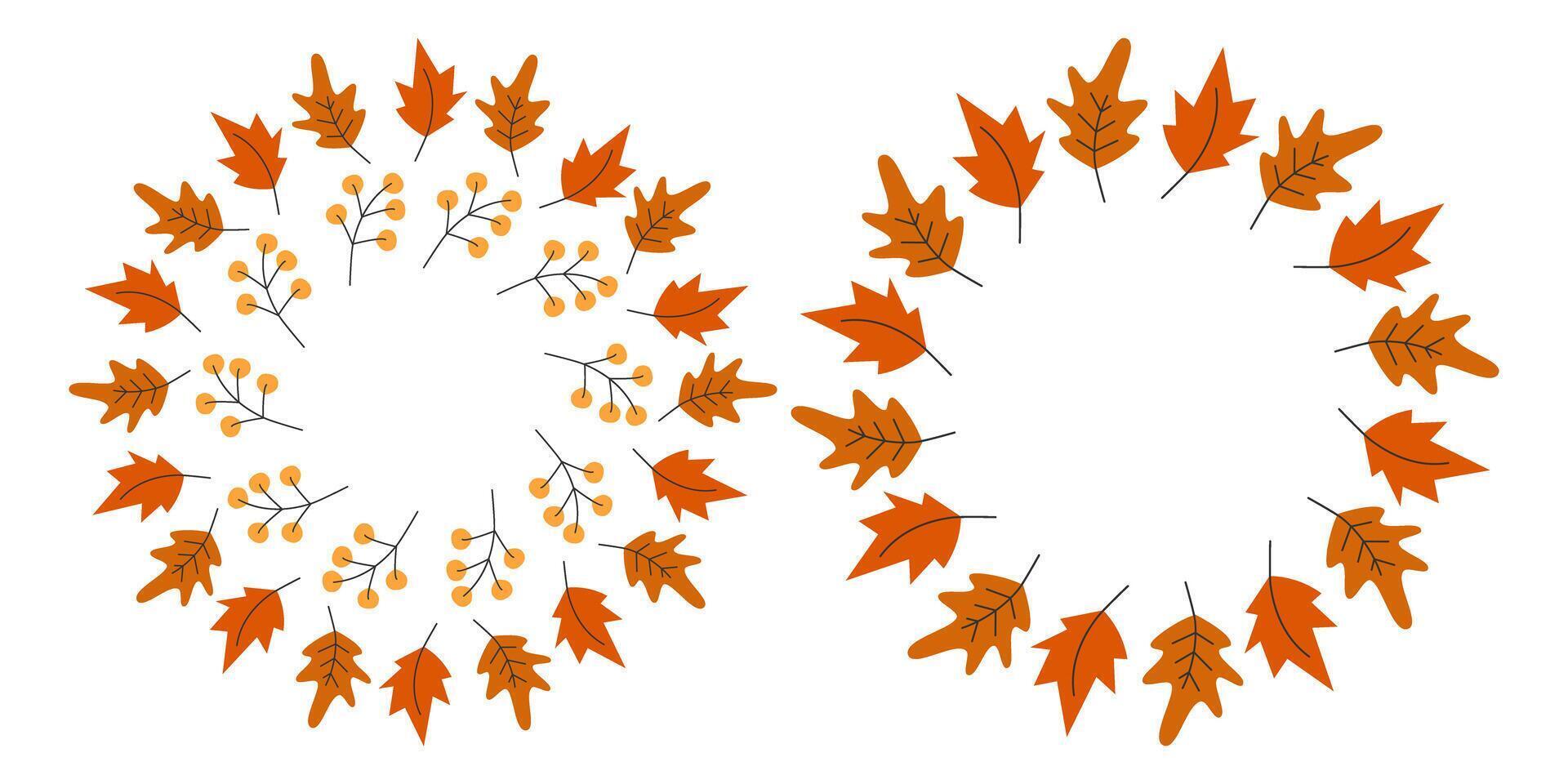Hand Drawn Autumn Leaves and Twigs Circle Frame border Autumn Holidays Greeting Template Copy space. Isolated illustration Thanksgiving Greeting Invitations Cards or promo banner, leaflets, tag vector