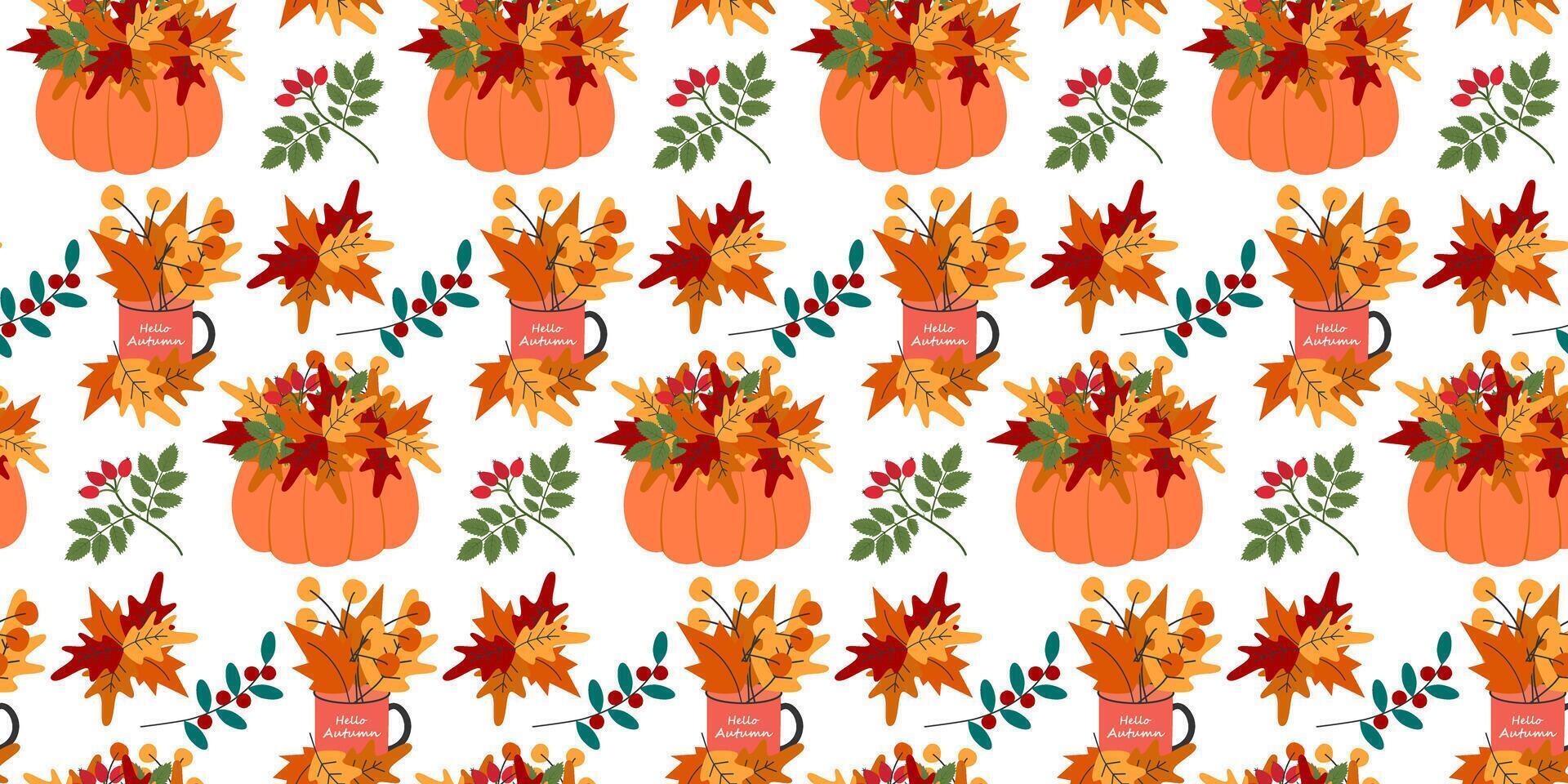 Pumpkins and Mug with Hello Autumn Text and Autumn Leaves Composition Seamless Pattern Banner Format. Isolated illustration Autumn Holiday Theme Cards Background Party invite or banner, leaflet vector