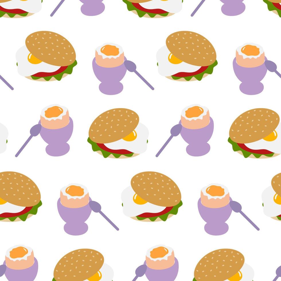 Fried Egg Sandwich and Soft Boiled Egg in Egg Bow with spoon Seamless Pattern Egg Day Backdrop idea. Isolated Illustration Thematic Menu Cards Background Healthy Food banner, leaflet, price tag vector
