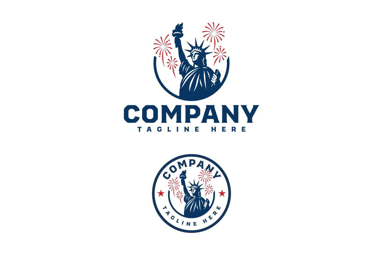 Patriotic logo featuring the Statue of Liberty with fireworks in a circular badge layout. Ideal for Independence Day branding, national campaigns, or American-themed promotions. vector