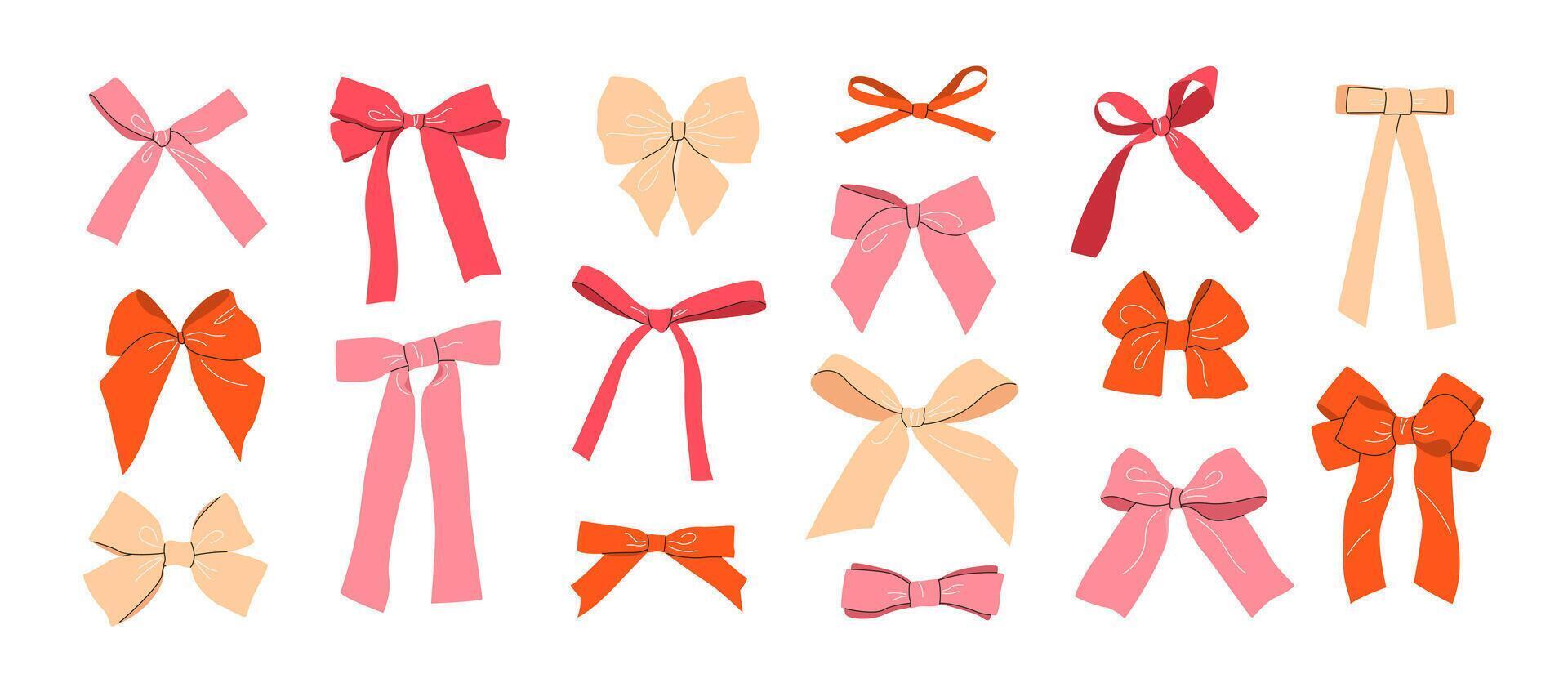 Set of hand drawn simple bows, bow knots, bow ties, ribbons, and hair bows. Isolated elements on white background. Bundle of various bows in flat style for celebration designs. illustrations vector